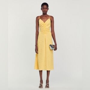 NWT | Sandro Praline Strass V Neck Low Back Yellow Rhinestone Dress EU38 US6